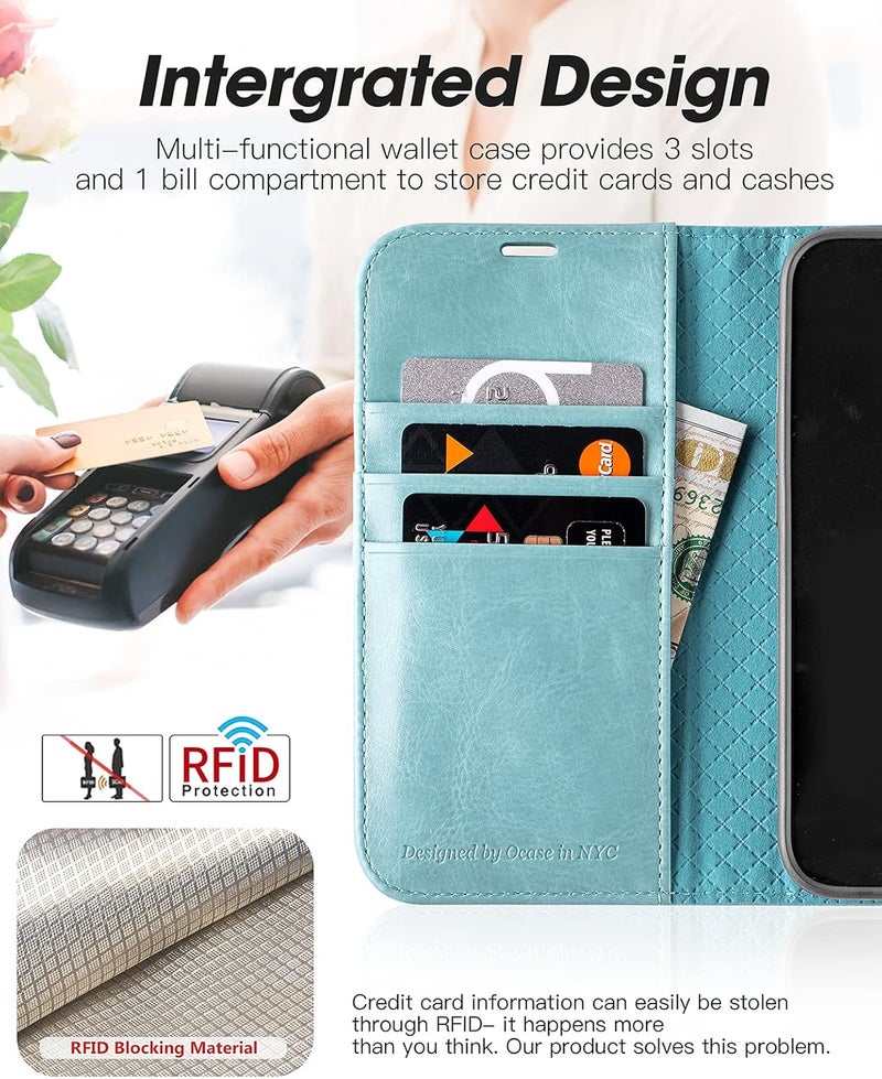 OCASE Compatible with iPhone 13 Wallet Case, PU Leather Flip Folio Case with Card Holders RFID Blocking Kickstand [Shockproof TPU Inner Shell] Phone Cover 6.1 Inch 2021 (Mint Green) - Image 3